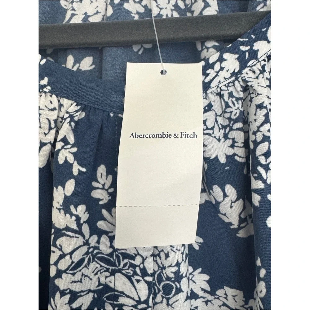 Abercrombie &‎ Fitch New XS Navy and White Floral Peasant Blouse Puff Sleeves
